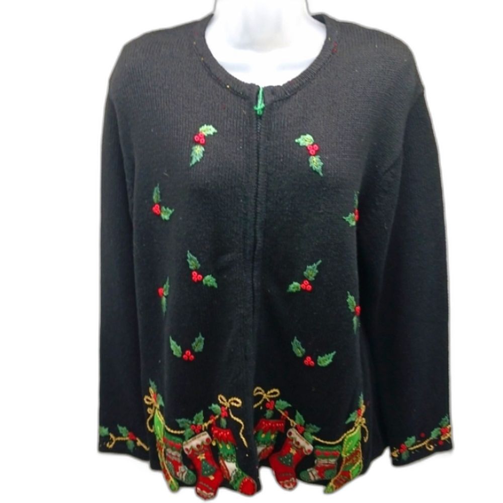 Tiara Internation Embellished Holly & Decoration Black Zip Up Sweater Y2K Medium